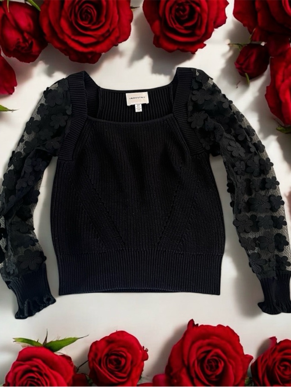 Industry Black size small Square-Neck Knit Sweater with Floral Mesh Sleeves